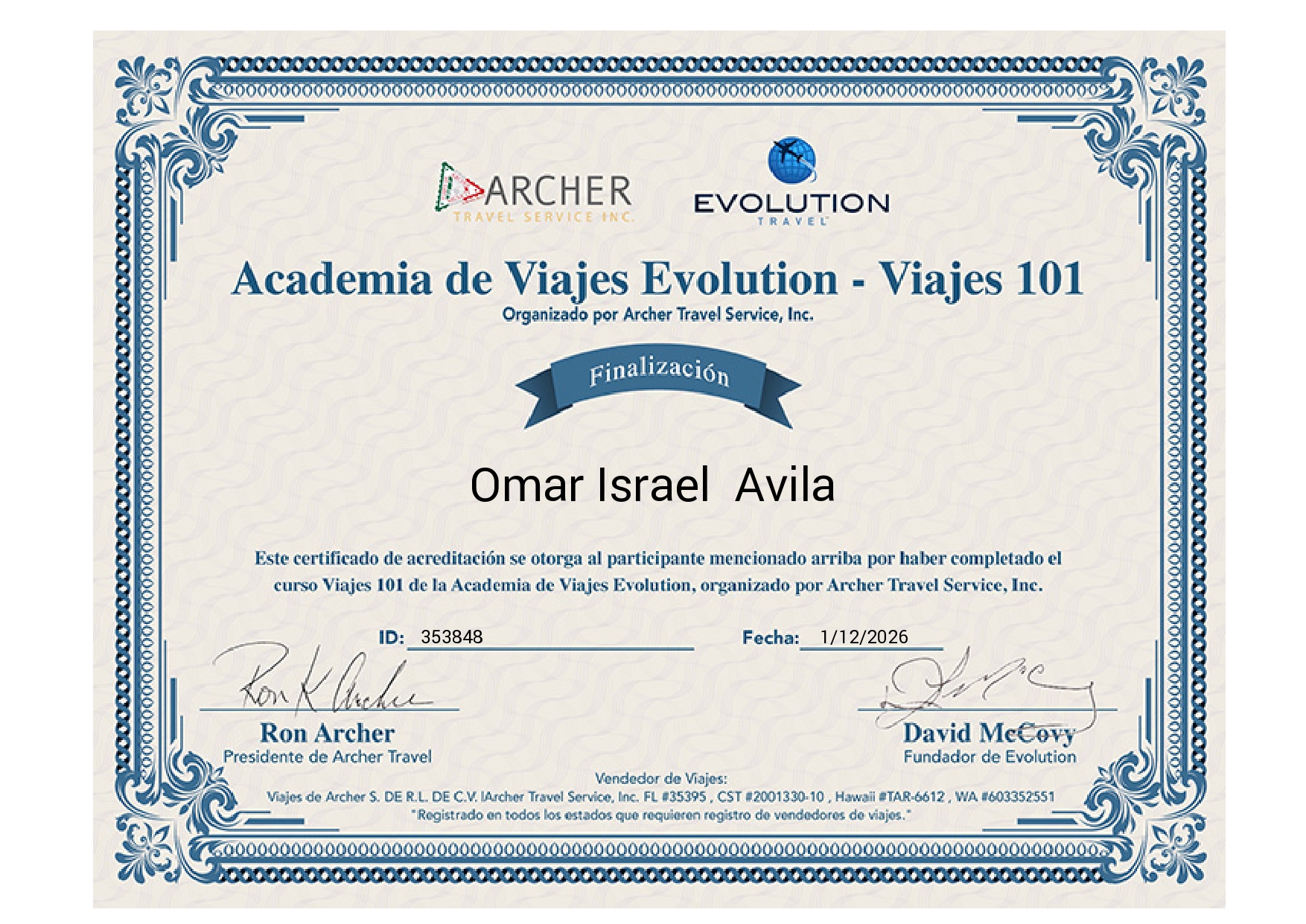 Certificado Academia de Viajes Evolution Viajes 101