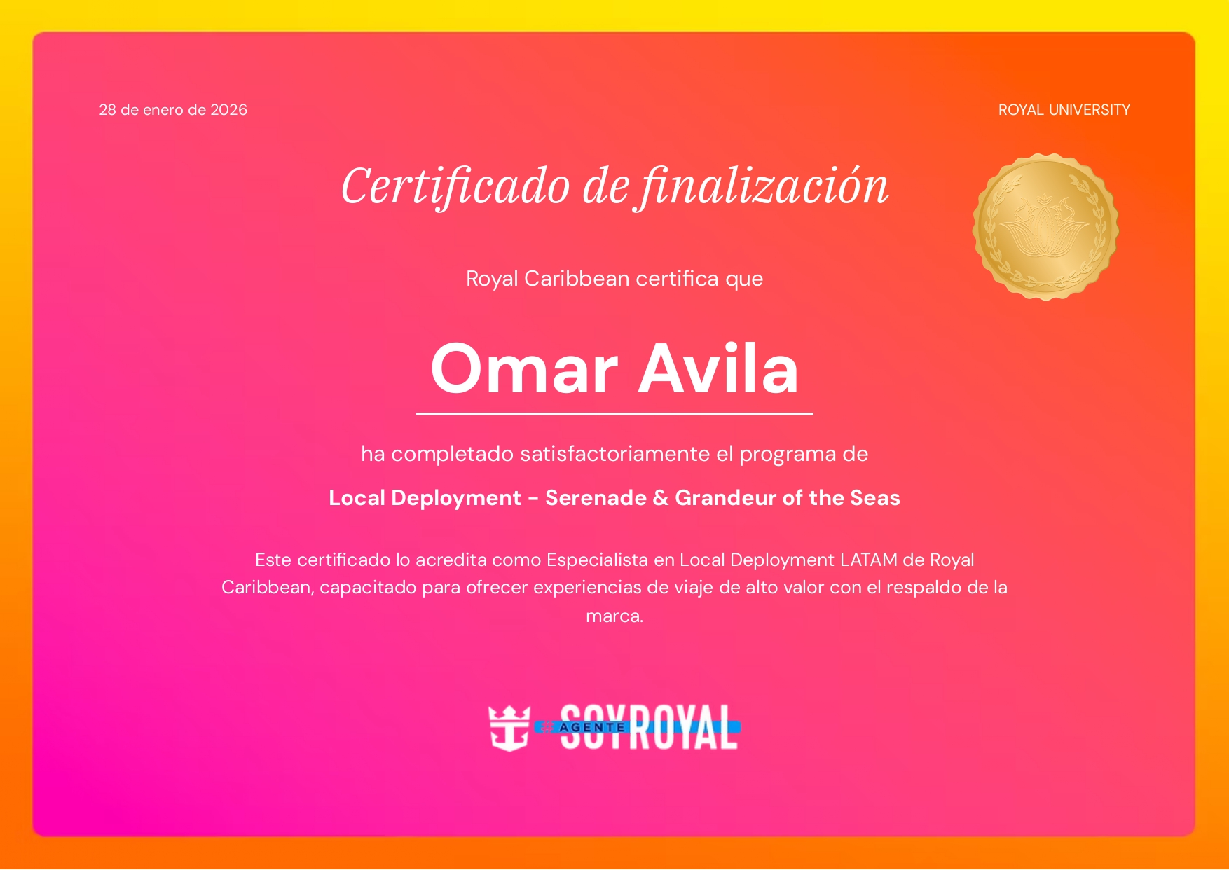 Certificado de finalización Royal Caribbean